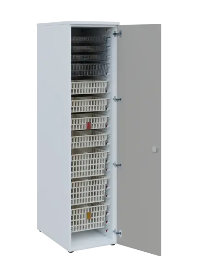 EUROMEDICA D - 46 skříň léková boxová, 1-dveřová, pravá, 1950x460x735, korpus bílý, dvířka šedá